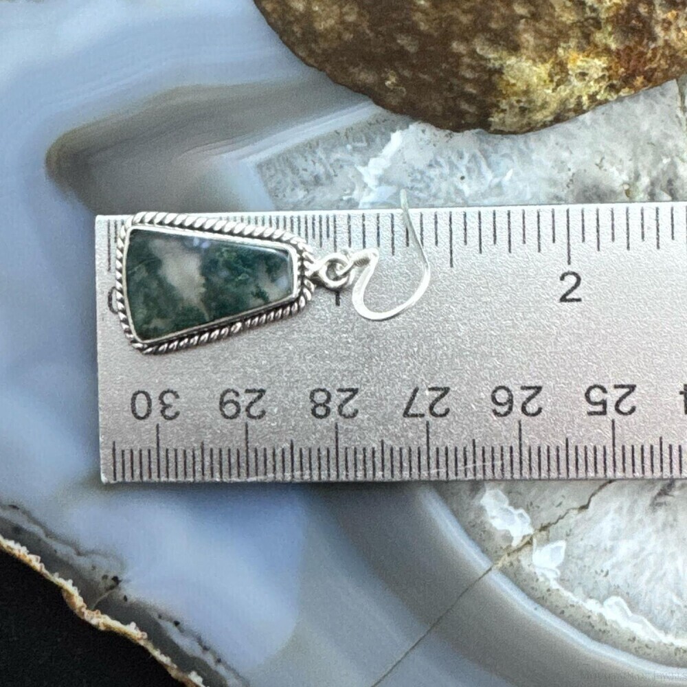 Sterling Southwestern Style Trapezoid Moss Agate Dangle Earrings For Women - Picture 10 of 10